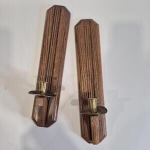 Vintage Wood and Brass Candle Sconces Pair - Candle Holders